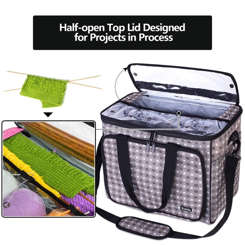 Teamoy Yarn Storage, Crochet Bag Organizer with Yarn Holes, Knitting Bag for Hooks, Knitting Needles(Up to 14"), Project and Supplies, Gray Dots - Image 4